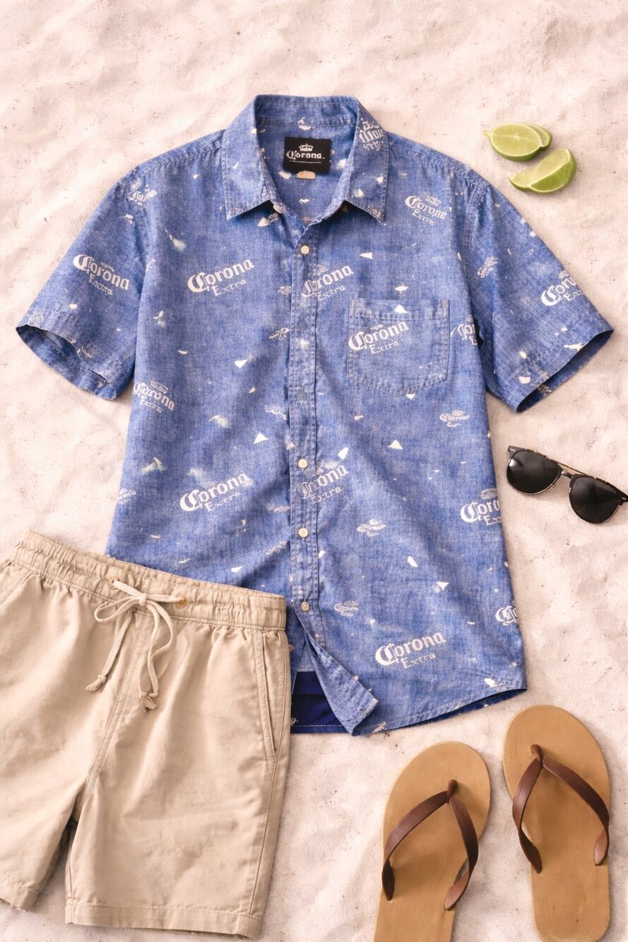 Corona Men’s Reverse Print Aloha Hawaiian Button-Up Shirt Blue Cotton Size L